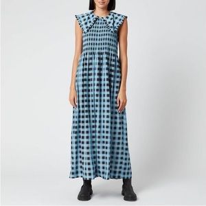 GANNI Checkered Silk Blend Dress Ruffled Collar Midi